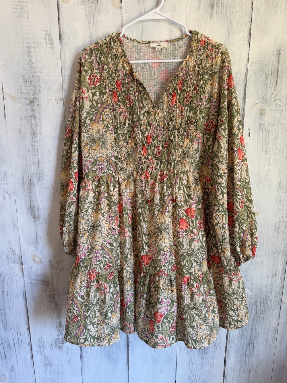 entro Floral Smocked V-Neck Long Sleeve Dress in Olive, Coral & Cream